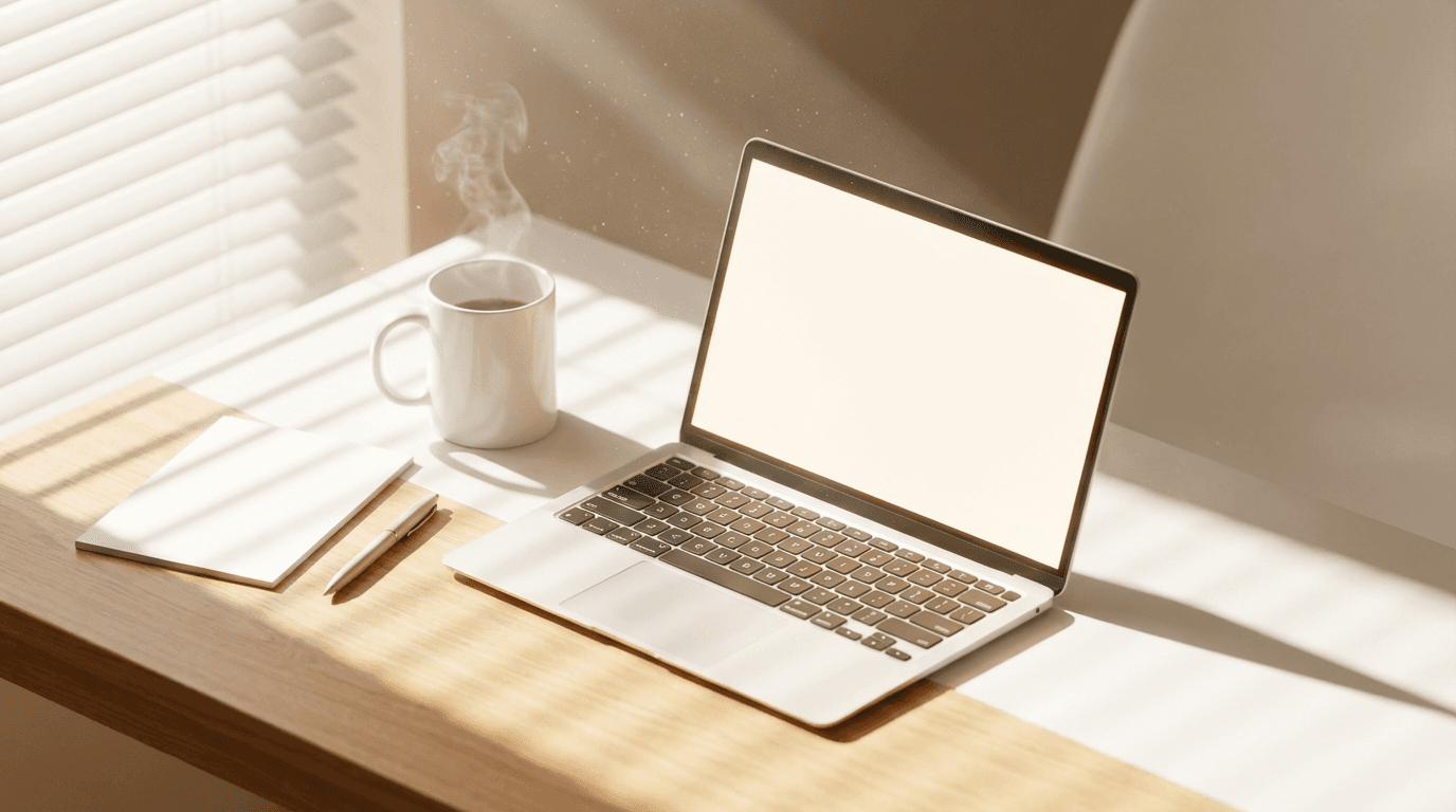 A desk with a laptop showing a contact form, a notebook, and a coffee cup