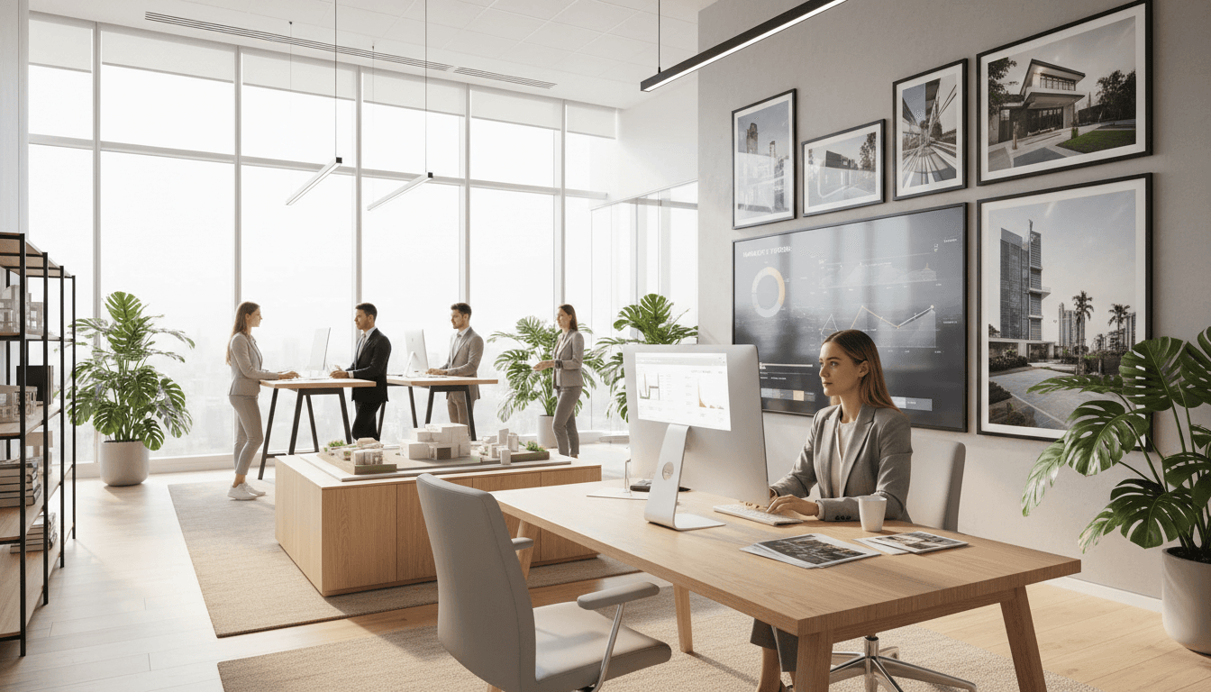 Real estate agent in a sunlit office looking at a whiteboard with categorized leads
