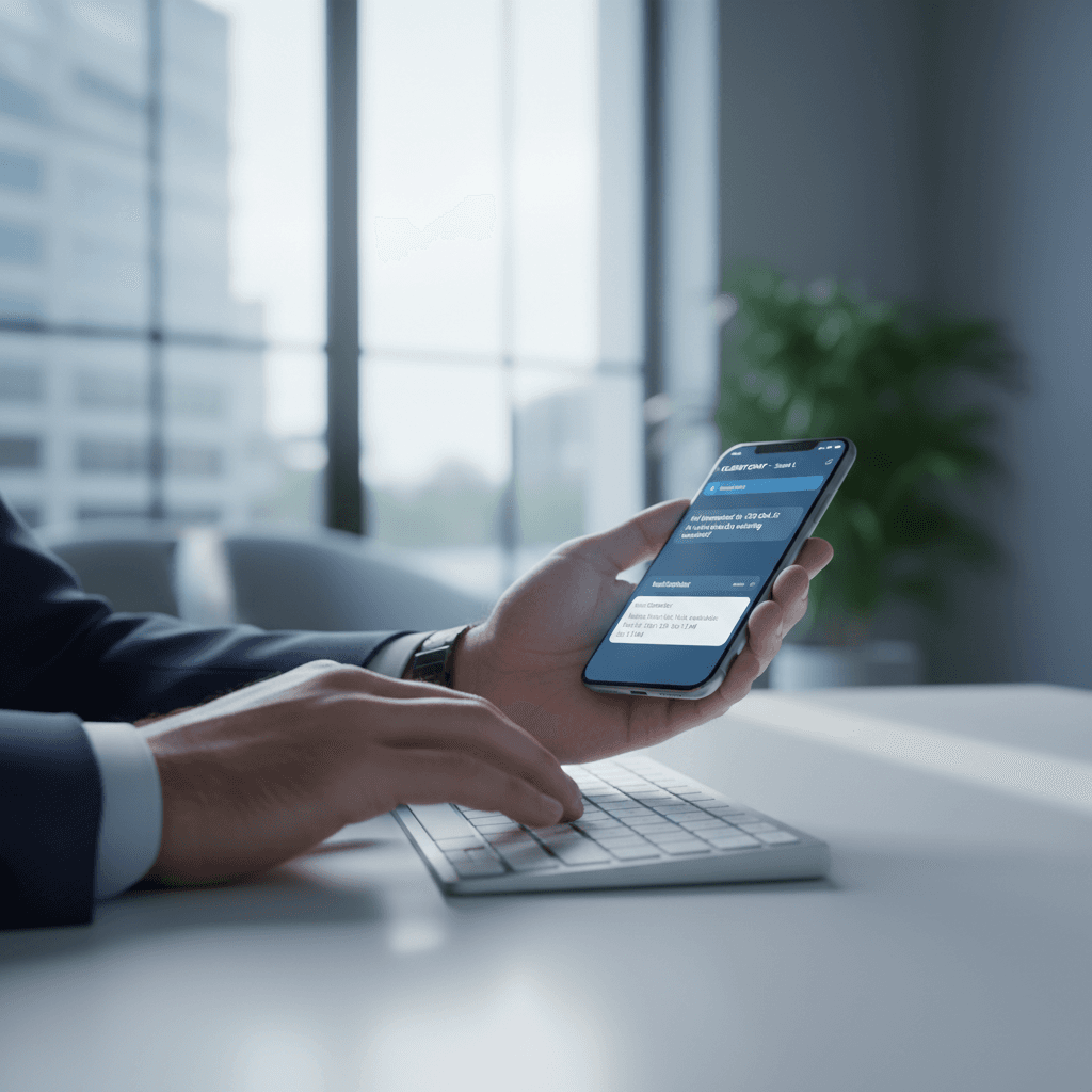 Smartphone showing a qualified lead notification on a desk with laptop and coffee