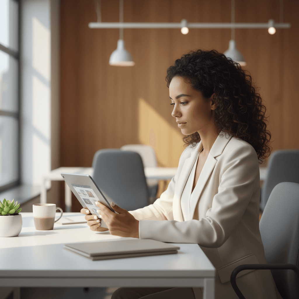 Realtor reviewing a contract on a tablet at an outdoor café with a coffee cup nearby